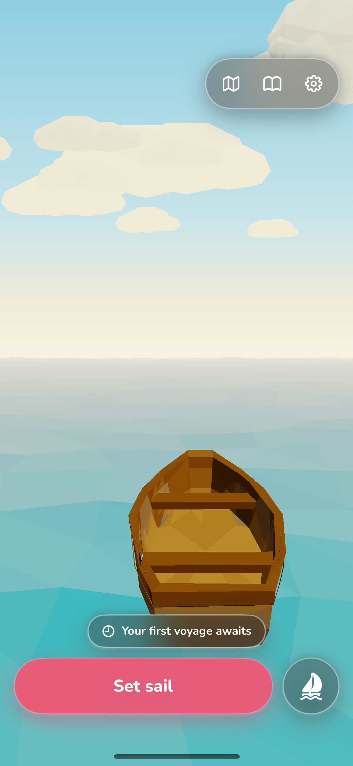 Harbor home screen: your rowboat moored on a calm sea, a Set sail button below.