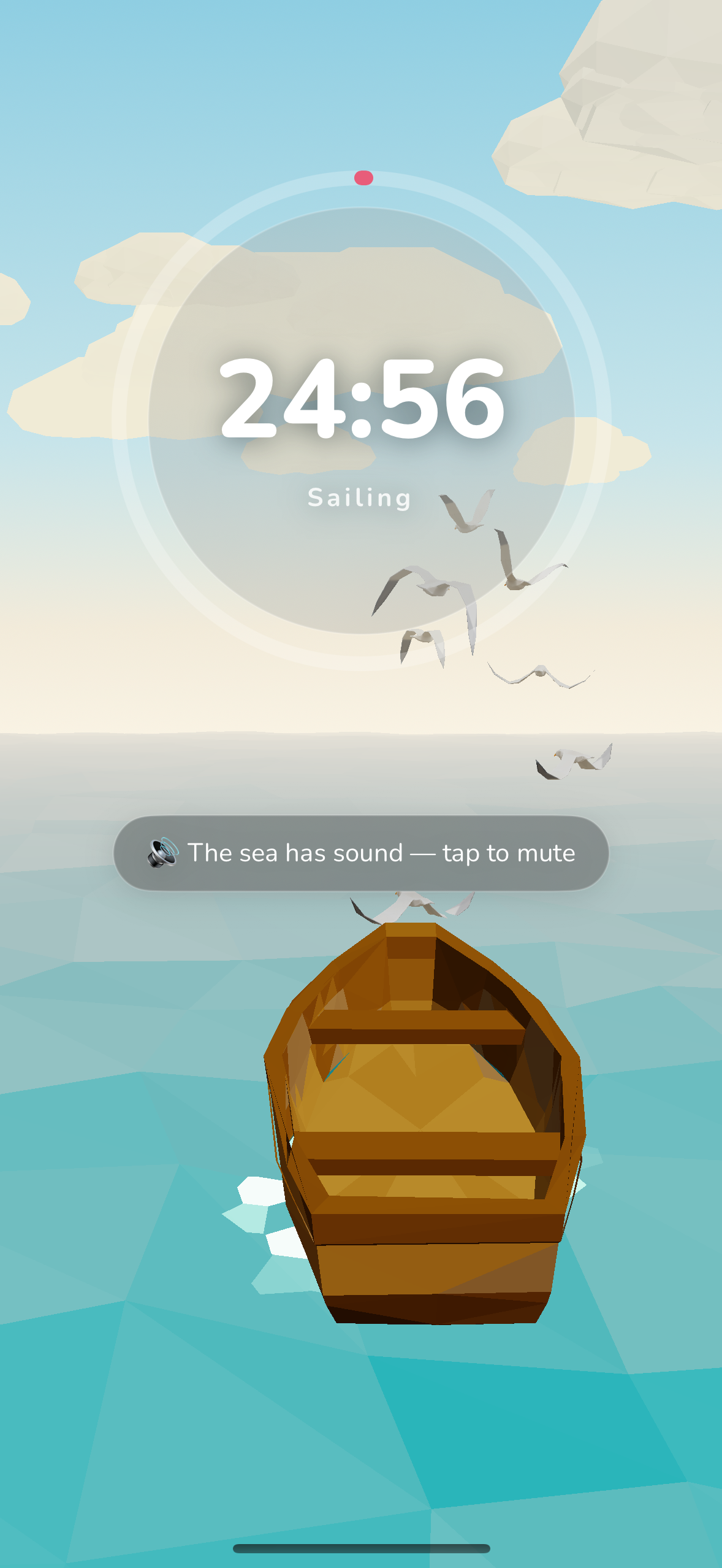 Harbor sailing screen: a translucent timer ring reading 24:56 over open water, seagulls trailing the boat.