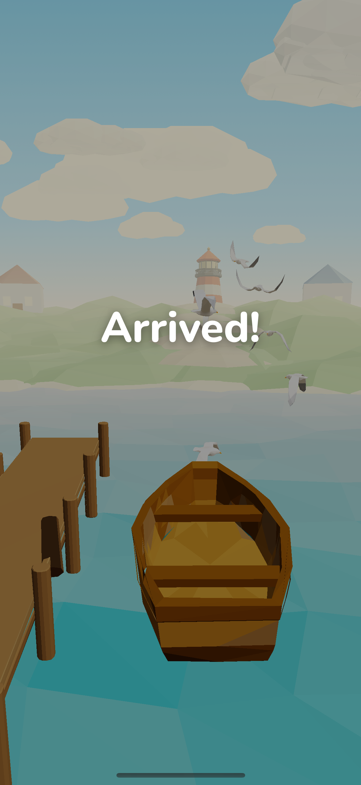 Harbor arrival screen: the boat gliding up to a pier below a lighthouse, with the word Arrived!