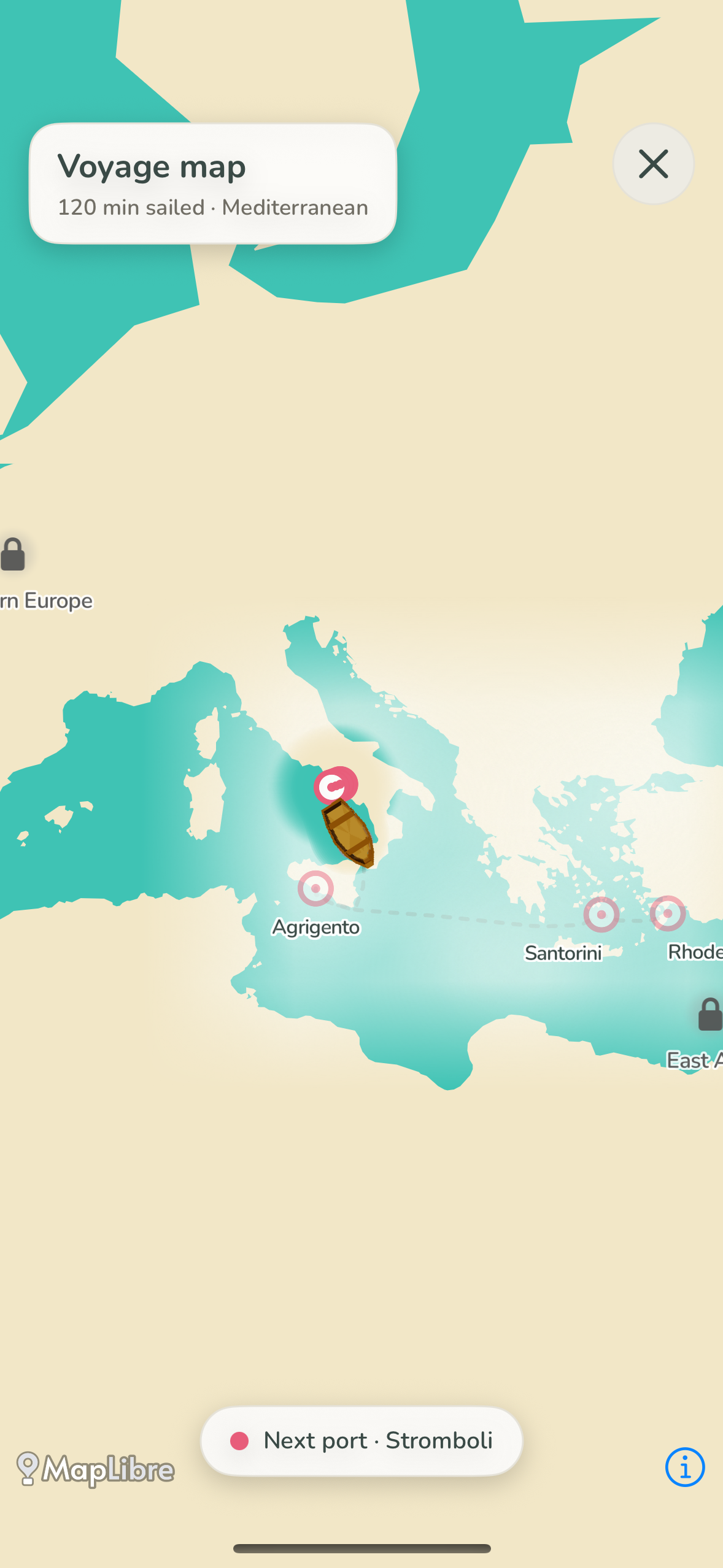 Harbor voyage map: a hand-drawn style Mediterranean with your boat between Agrigento and Santorini.