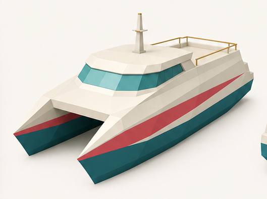 Low-poly catamaran ferry with coral stripe