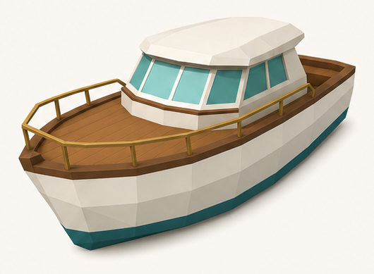 Low-poly cream yacht with teal waterline